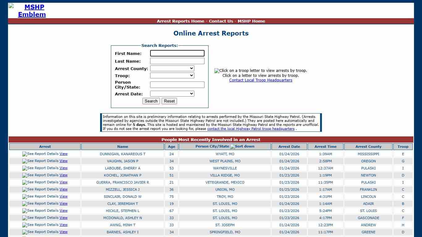 Missouri State Highway Patrol - Arrest Reports